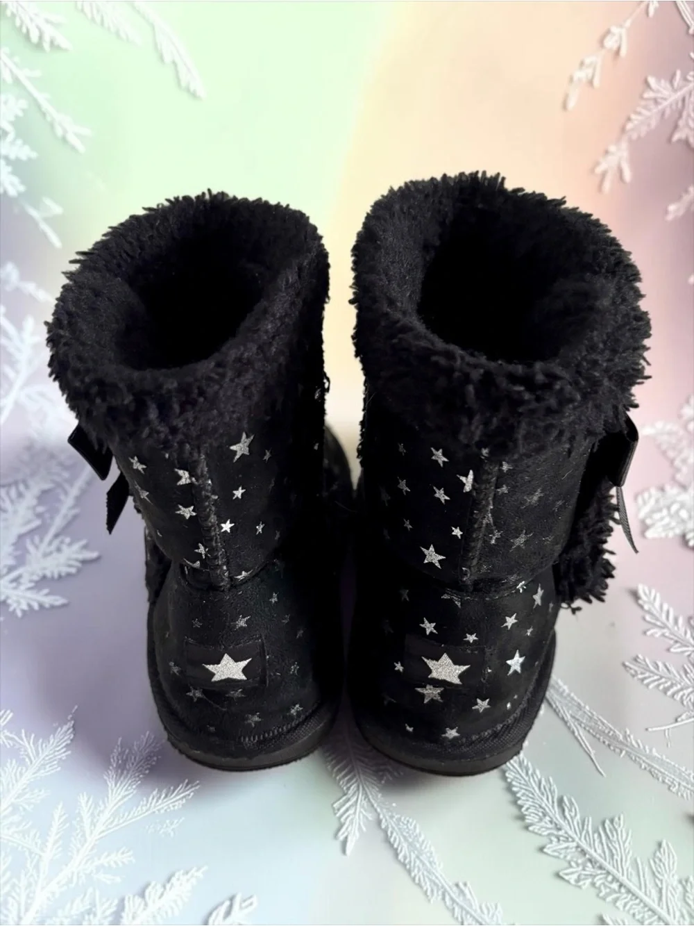 Lily & Dan Black Toddler Girls Star Print Faux‑Suede Winter Boots Size 11/12 EUC